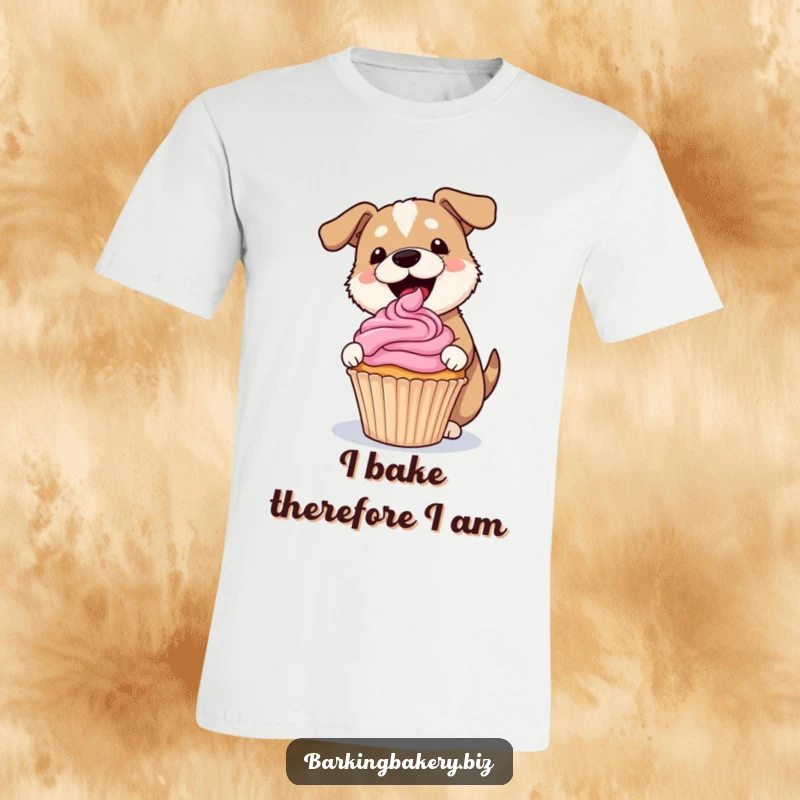 Funny dog t-shirt featuring a happy dog gleefully frosting a lopsided cupcake with a pink swirl, a baker's delight.