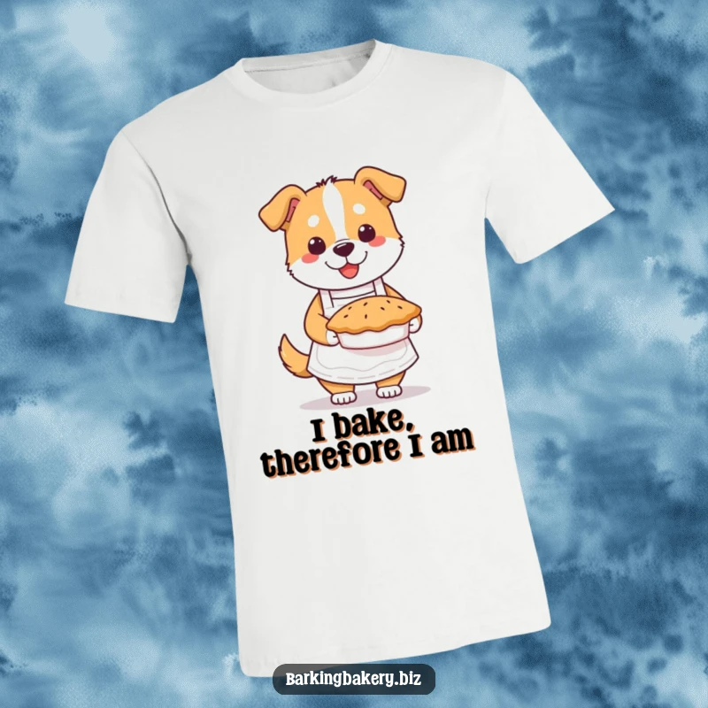 Funny dog baker t-shirt showing a happy dog in an apron holding a freshly baked pie, a delightful gift for bakers.