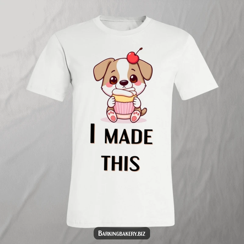 Funny dog t-shirt graphic of a proud dog presenting a freshly baked cupcake with a bright red cherry on top.