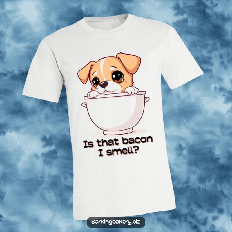 Funny dog peeking over a giant mixing bowl with curious eyes on a comfortable t-shirt.