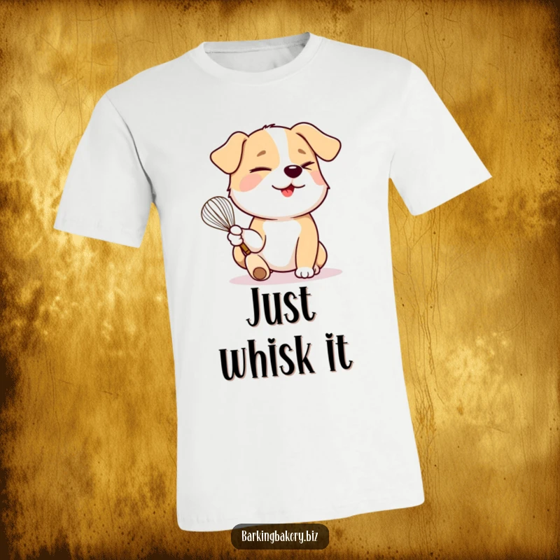 Funny dog holds a whisk in its paw and winks playfully on a funny t-shirt.