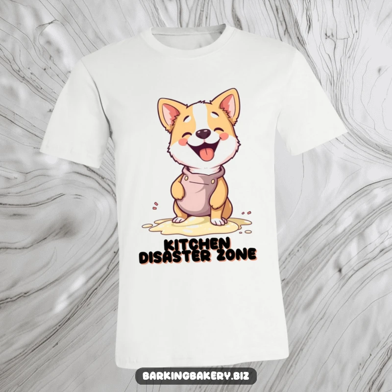 Funny dog in an apron giggling while spilling batter, a hilarious baking moment captured on this comfortable t-shirt.