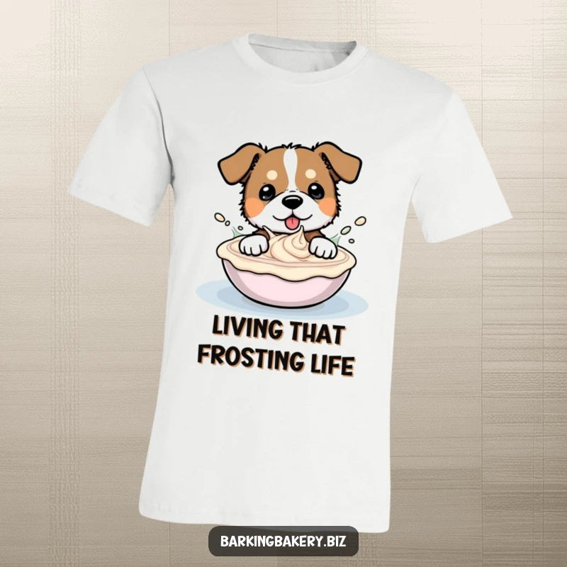 Funny t-shirt graphic of a delighted dog joyfully splashing and playing in a big bowl of creamy frosting.