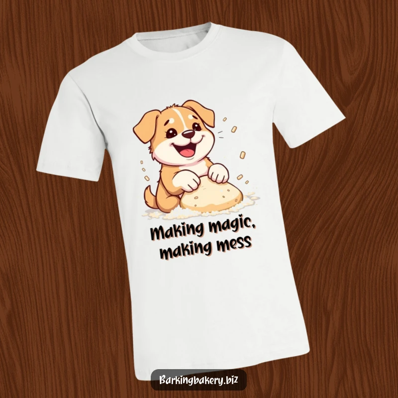Funny dog t-shirt featuring an energetic pup enthusiastically kneading dough, causing a comical explosion of flour.