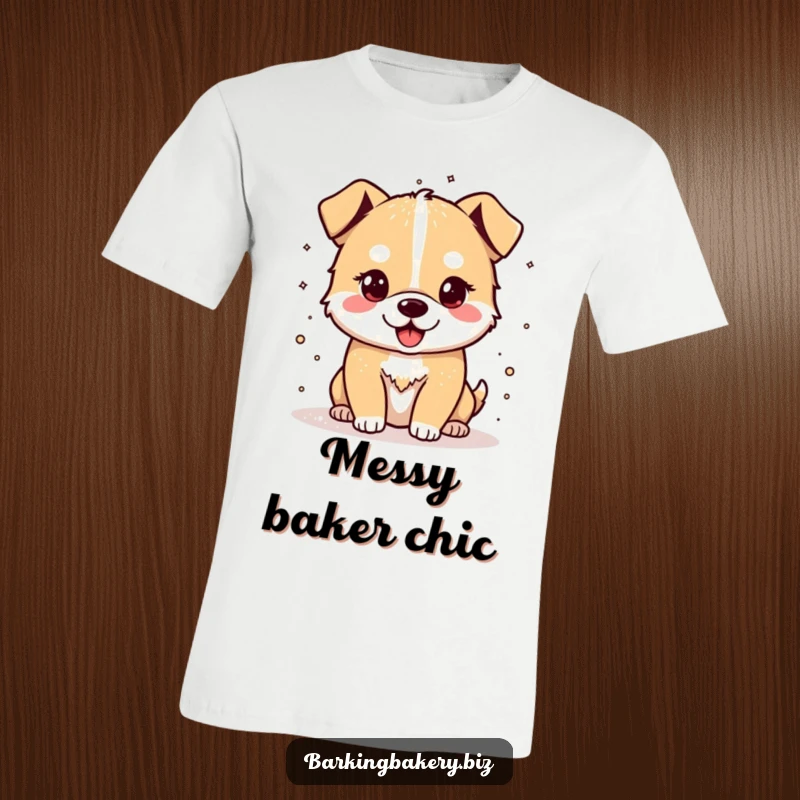 Funny t-shirt showing a happy dog joyfully sprinkling flour, celebrating the fun of baking.