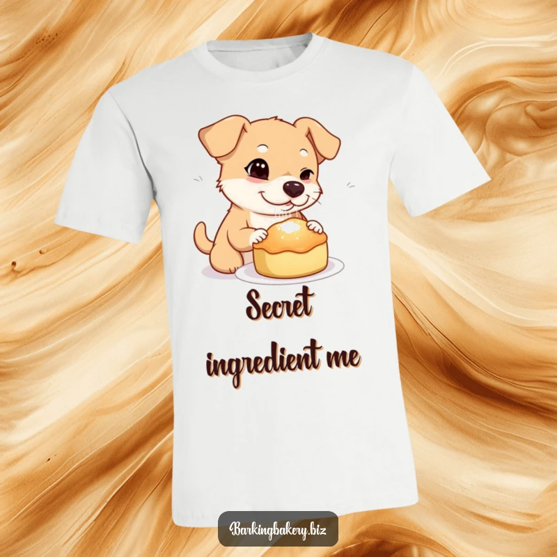 Funny dog t-shirt graphic of a dog winking while sprinkling sugar onto a freshly baked treat, a sweet secret.