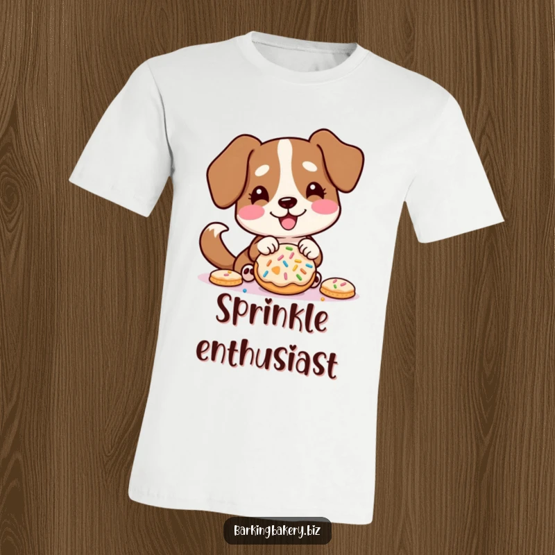 Funny t-shirt showcasing a dog happily decorating a cookie with sprinkles, its tail wagging furiously with excitement.