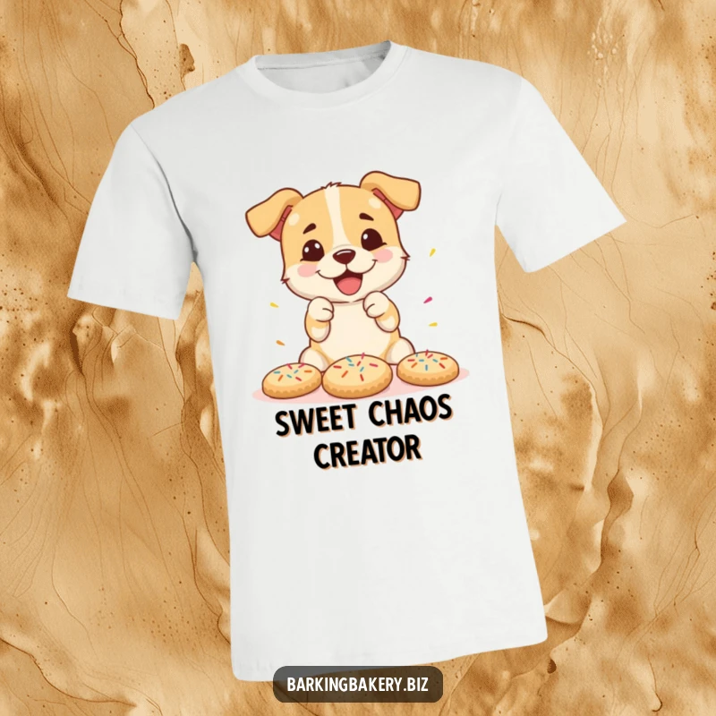 Funny t-shirt depicting an excited dog covered in sprinkles while decorating cookies, a joyful baking celebration.