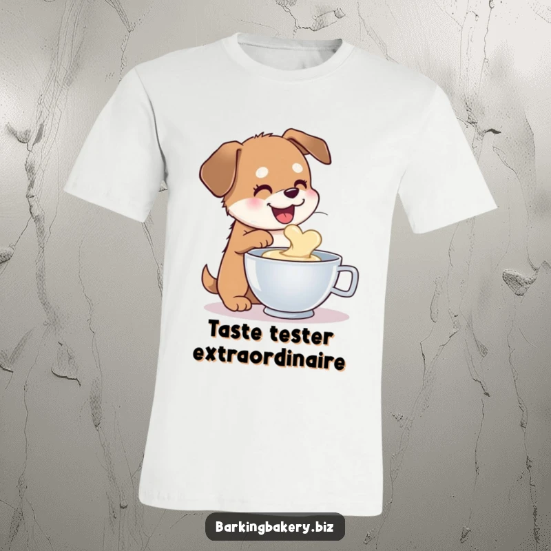 Funny dog t-shirt graphic of a happy dog eagerly sampling batter directly from a mixing bowl, pure delight.