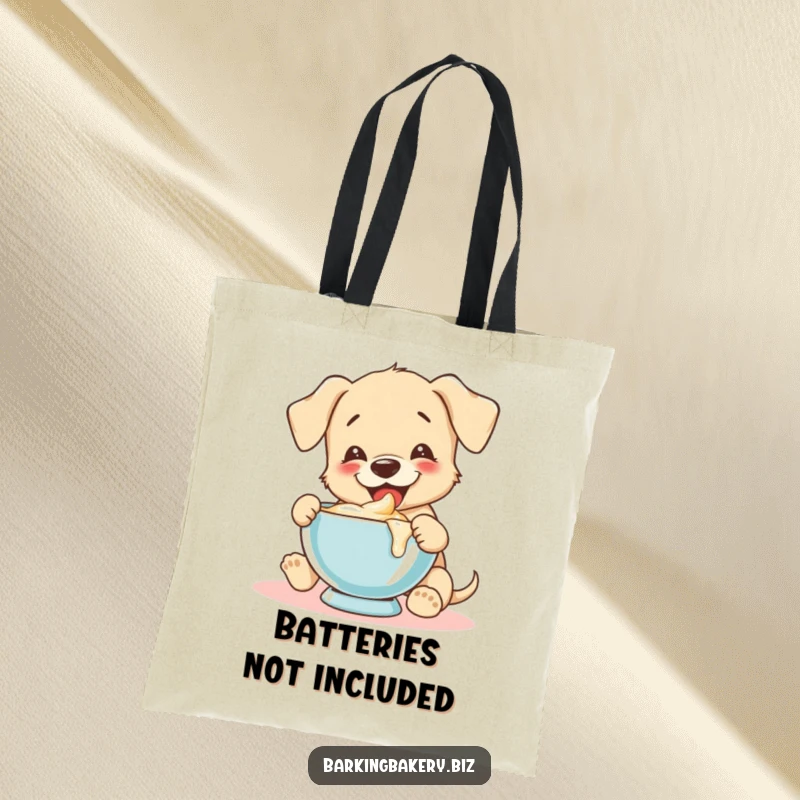 Funny puppy joyfully tastes batter from a mixing bowl, perfect for a practical and funny tote bag.