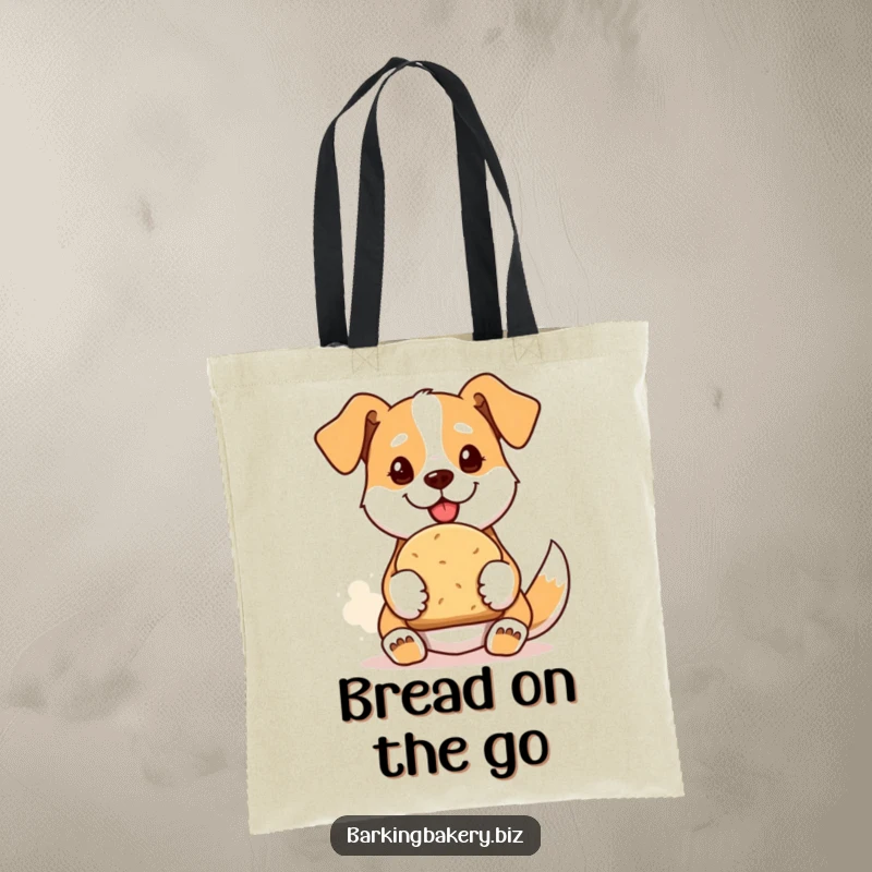 Funny tote bag showing a proud dog presenting a freshly baked loaf of bread, perfect for carrying baked goods.