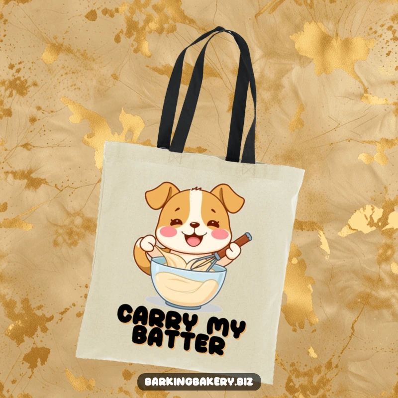 Funny dog whisking batter with a wide smile, a functional tote bag, great funny gift for bakers.