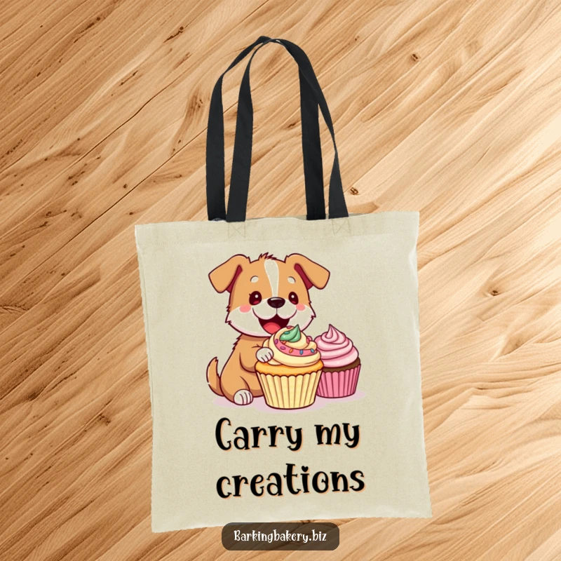 Funny Tote Bag: A dog joyfully crafts a decorative cupcake, showcasing its artistic flair and happy demeanor.