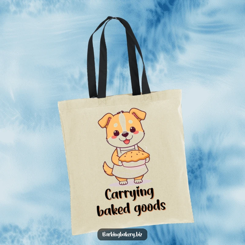 Funny dog baker tote bag depicting a dog in an apron holding a steaming pie, great for carrying baked goods and gifts.