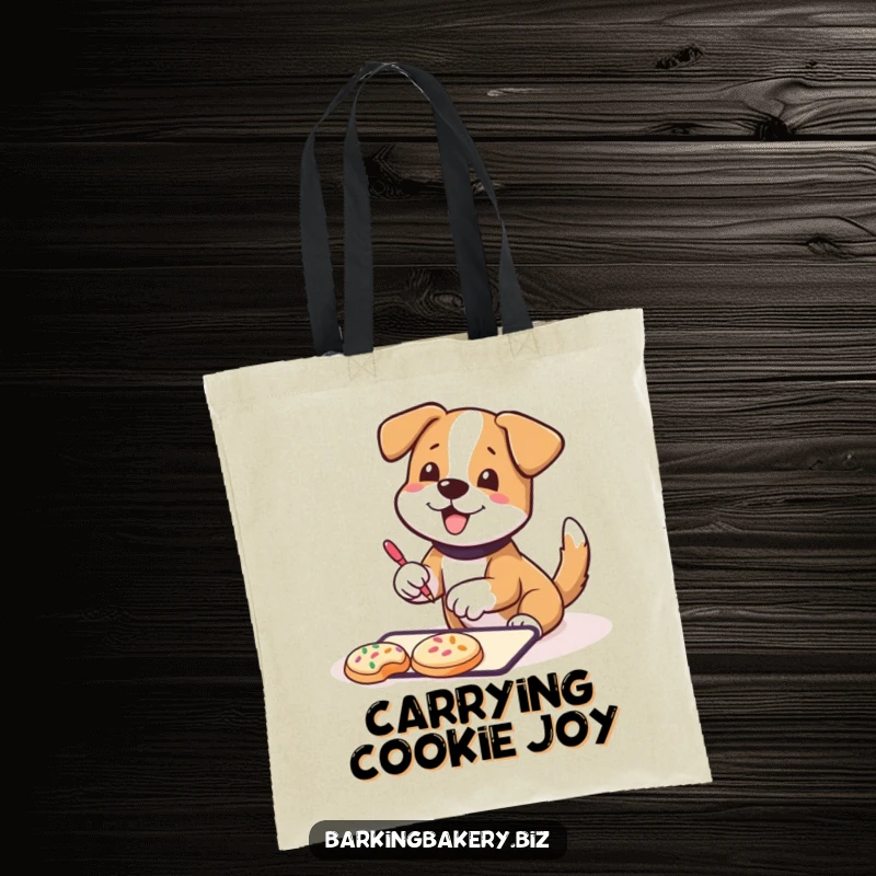 Funny Tote Bag: A dog wagging its tail happily decorates cookies with sprinkles, perfect for carrying baking supplies.