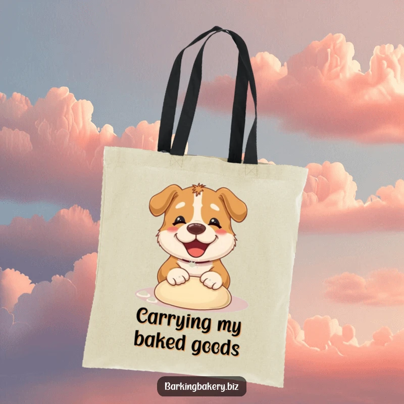 Funny Dog Tote Bag: Cute dog with flour on its nose kneading dough, perfect for bakers. Humorous gift.
