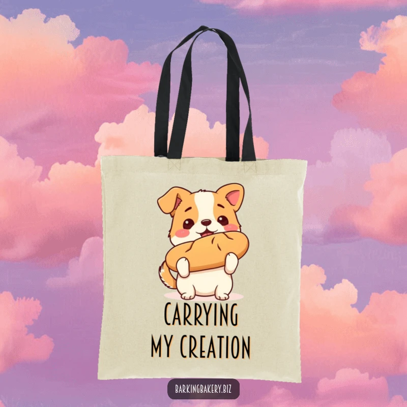 Funny dog tote bag featuring a proud puppy holding a perfectly baked loaf of bread, signifying a baking champion.