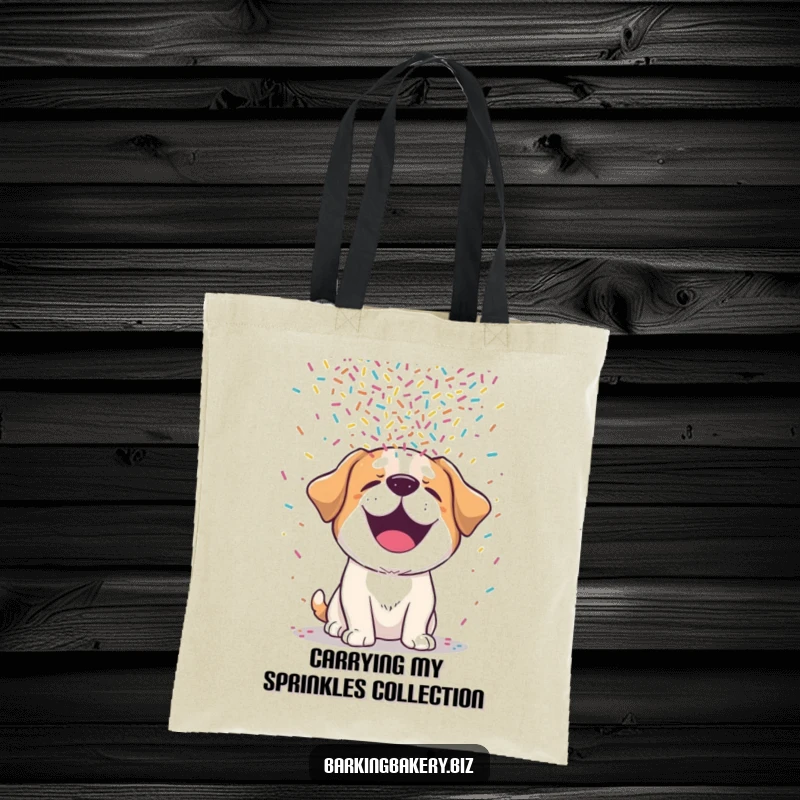 Funny dog tote bag with a cute, giggling dog blissfully experiencing a vibrant cascade of colorful sprinkles falling on its head.