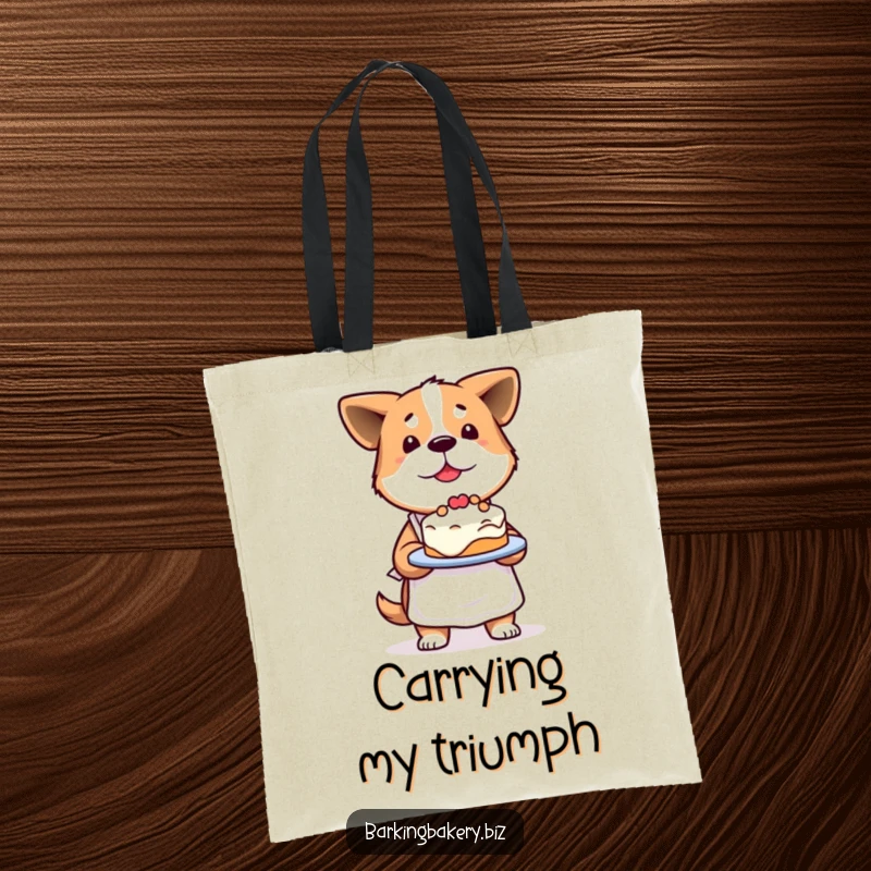 Funny Determined Dog Tote Bag: A proud dog presents a slightly lopsided cake, perfect for carrying baking supplies and pride.