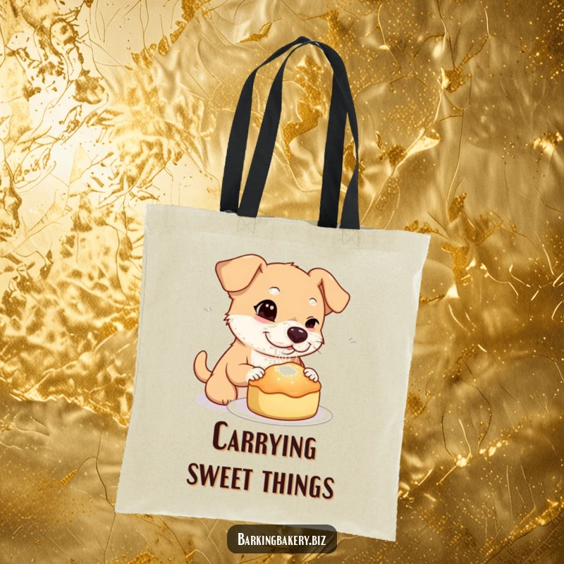 Funny dog tote bag featuring a dog winking while sprinkling sugar onto a freshly baked treat, a master baker's touch.