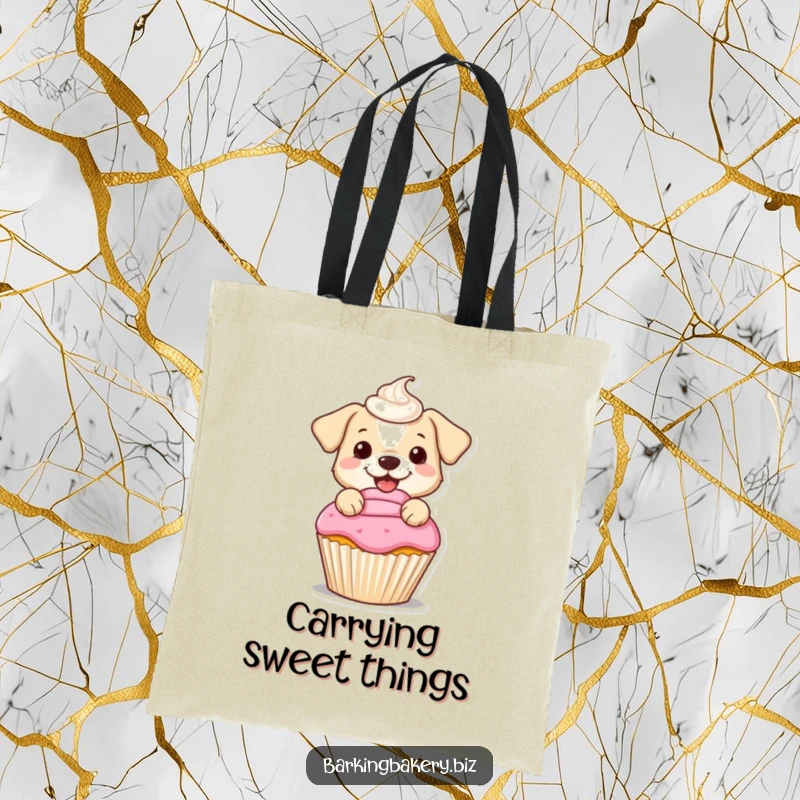 Funny tote bag featuring a small dog cheerfully frosting a cupcake with a perfect swirled dollop, ideal for bakers and dog lovers.