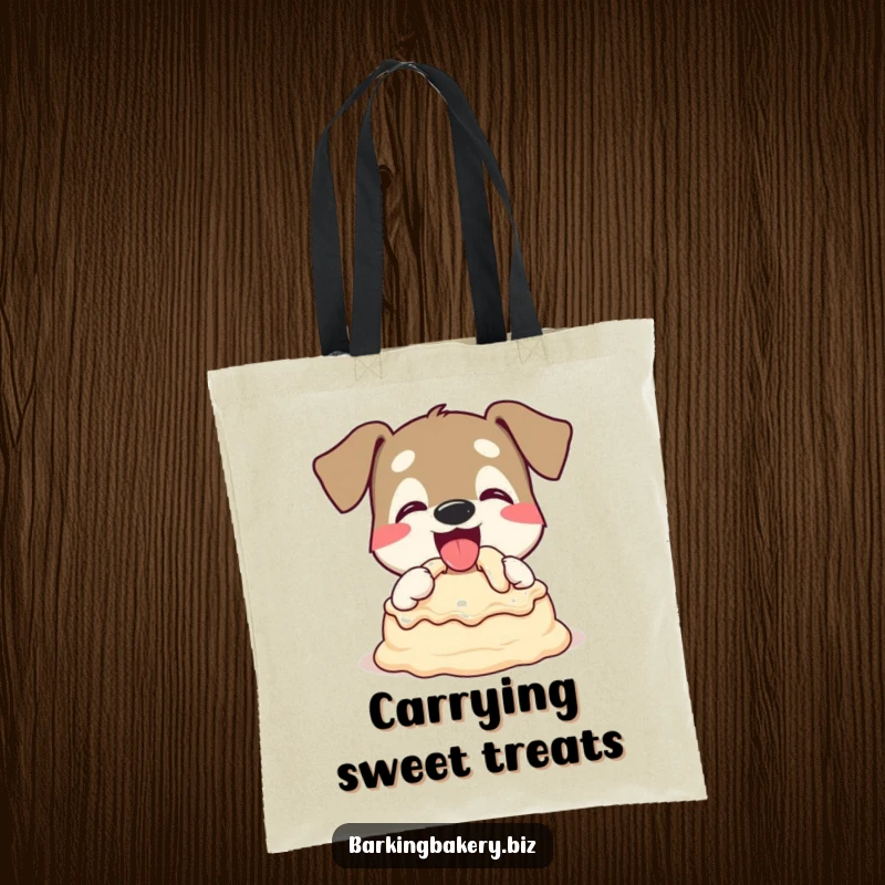 Funny Dog Tote Bag: A dog happily tasting cake batter with a wagging tail, perfect for bakers. Humorous gift.