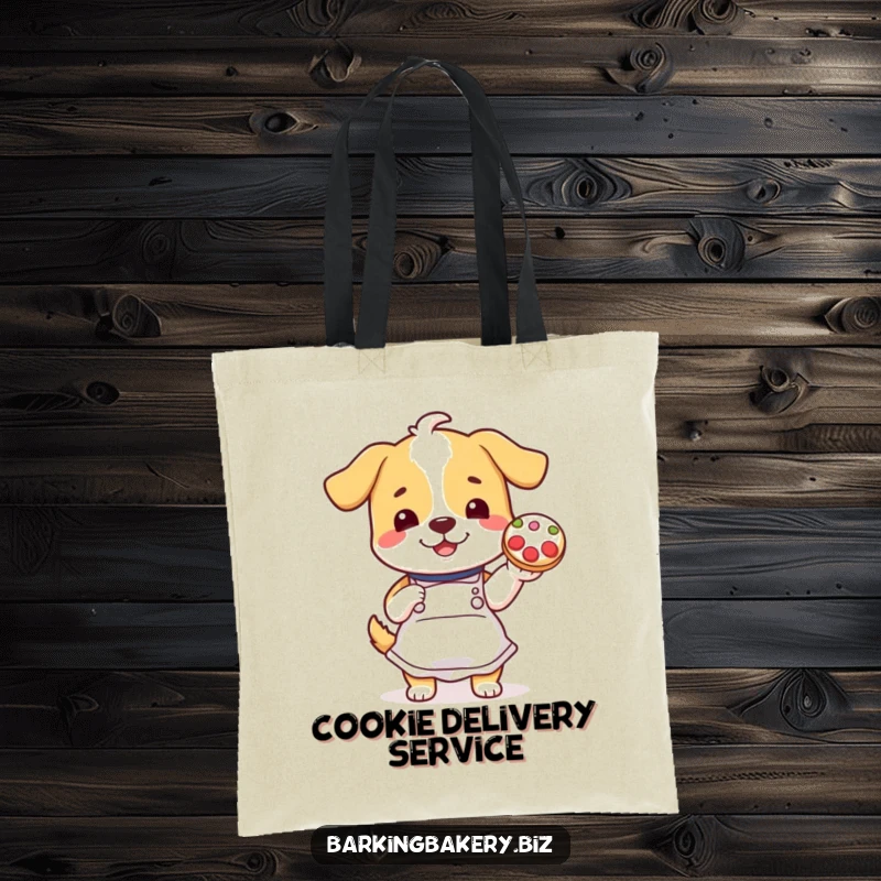 Funny dog in apron proudly holds a decorated cookie, perfect for a practical and funny tote bag.
