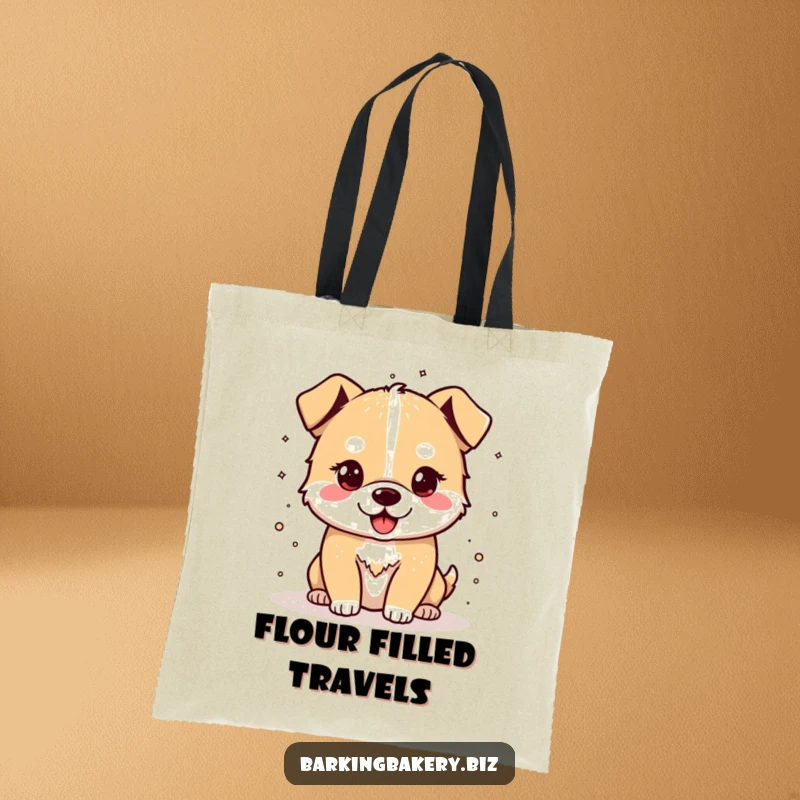 Funny tote bag featuring a cheerful dog sprinkling flour, ideal for carrying baking supplies and groceries.