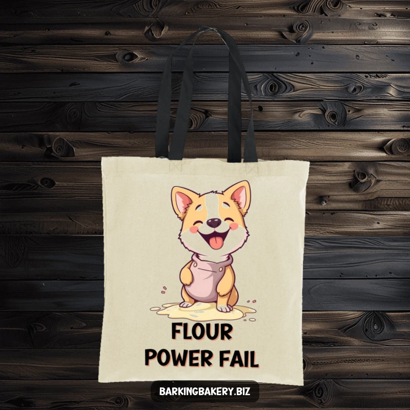 Funny tote bag with a dog in an apron giggling as batter spills, a practical and humorous accessory.