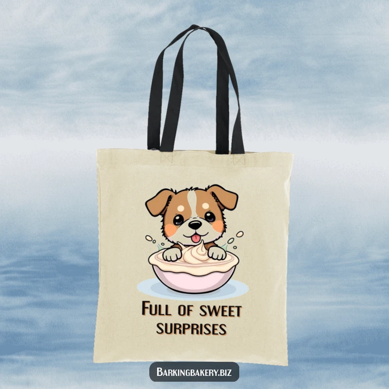 Funny tote bag illustration of a very happy dog splashing playfully within a large bowl brimming with frosting.