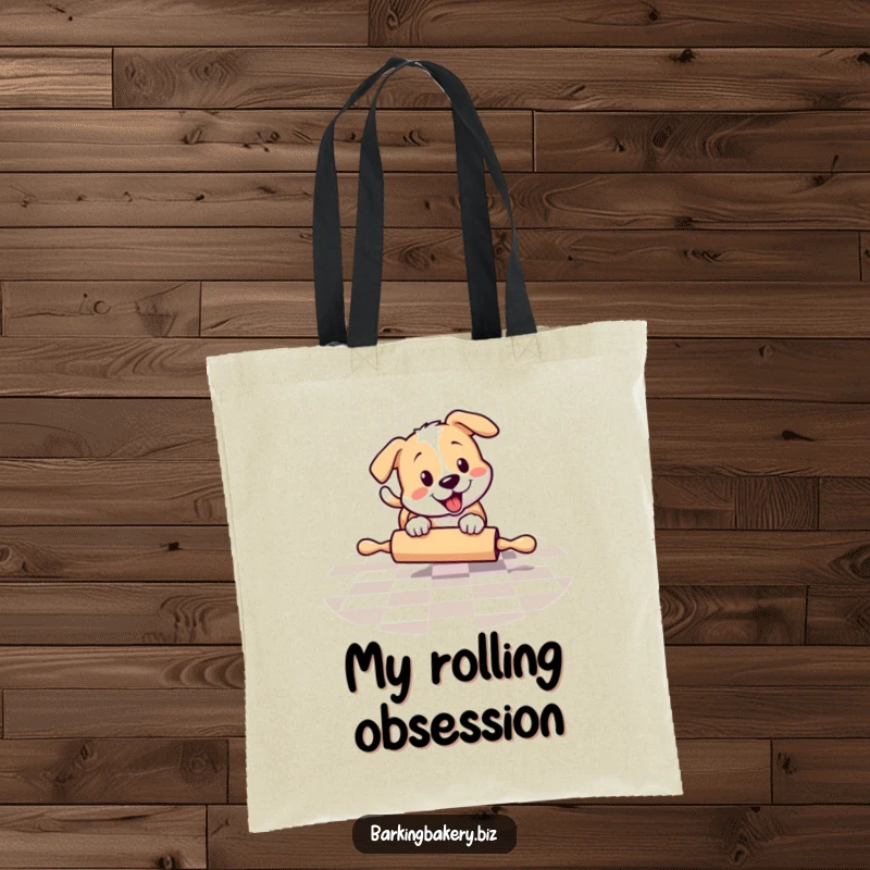 Funny dog chasing a rolling pin on a checkered floor, a functional tote bag, great funny gift for pet owners.