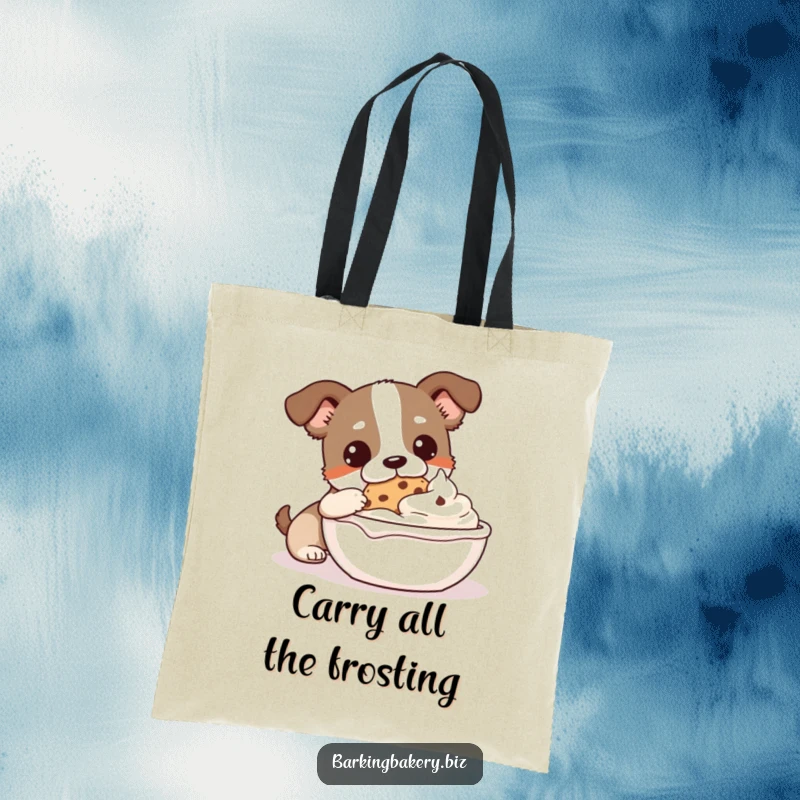 Funny Cookie Monster Dog Tote Bag: A dog dips a cookie into a giant bowl of frosting, ideal for carrying treats.