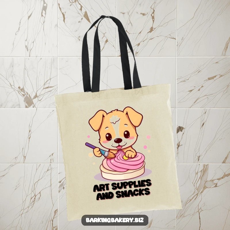Funny dog tote bag showing a cute pup artistically painting vibrant swirls into colorful frosting.