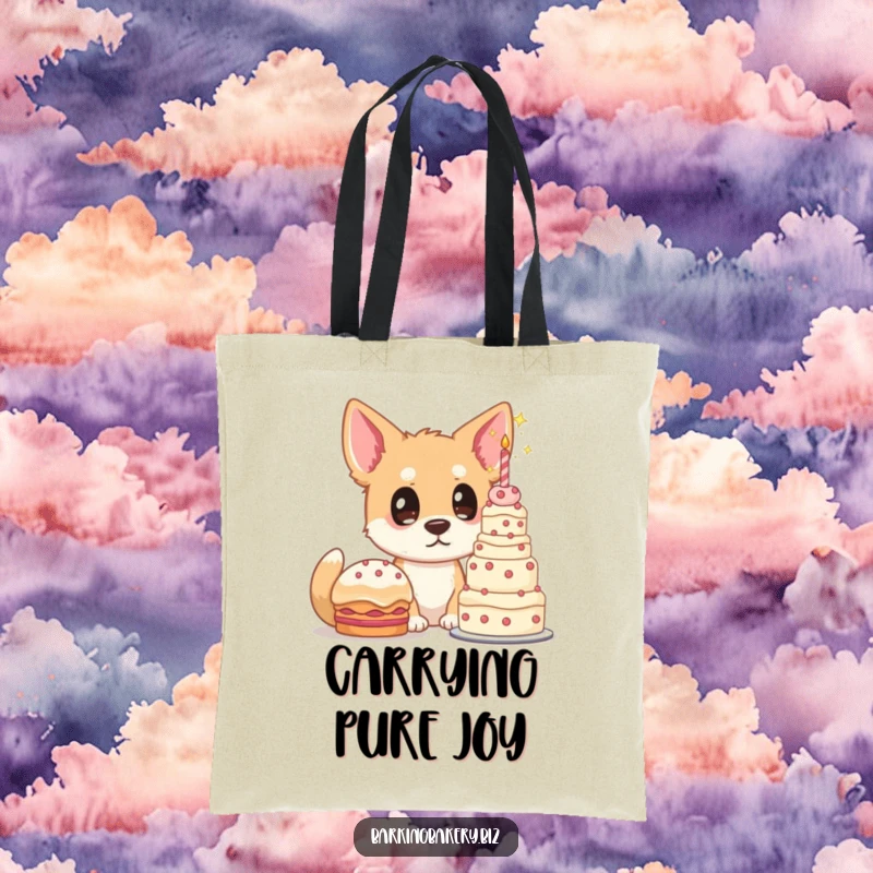 Funny dog tote bag, a dog with starry eyes gazes at a towering cake, perfect for carrying groceries with a sweet theme.
