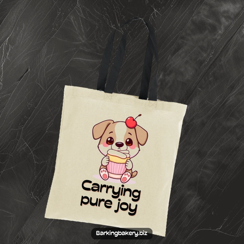 Funny dog tote bag featuring a proud dog presenting a delicious cupcake with a cherry on top, a symbol of accomplishment.