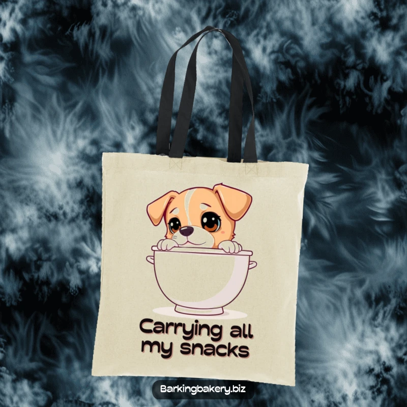 Funny dog peeking over a giant mixing bowl with curious eyes on a durable and stylish tote bag.