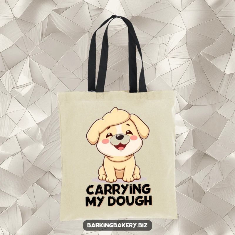 Funny tote bag illustration of a dog completely covered in soft dough, wiggling with pure, unadulterated joy.