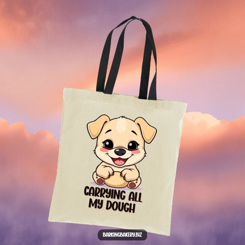 Funny puppy with a grin kneading dough with tiny paws, perfect for a practical and funny tote bag.