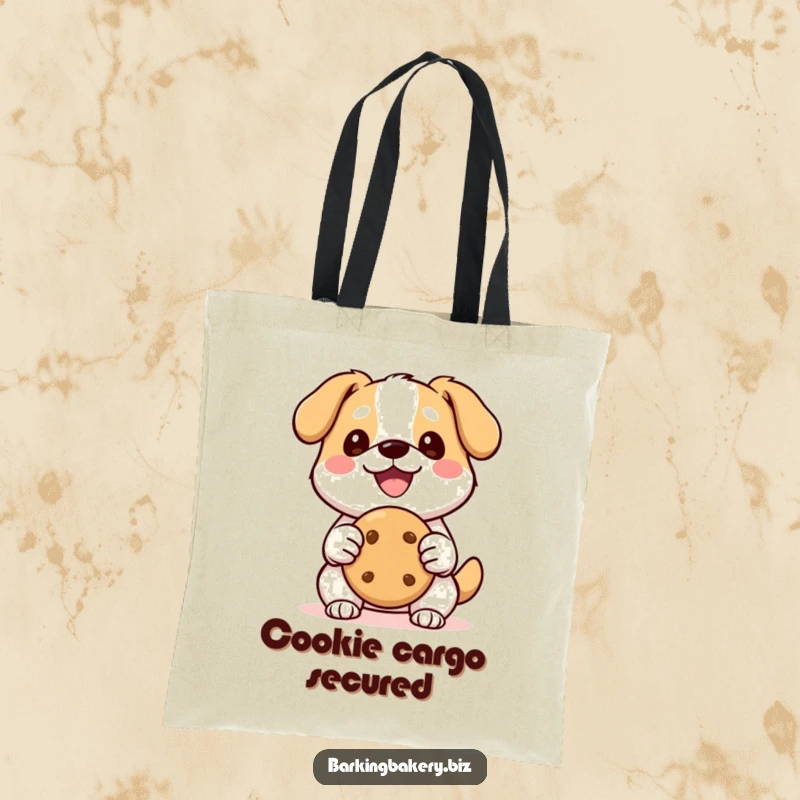 Funny Kawaii Dog Tote Bag: A smiling kawaii dog holds a perfect cookie, perfect for carrying goodies and spreading cheer.