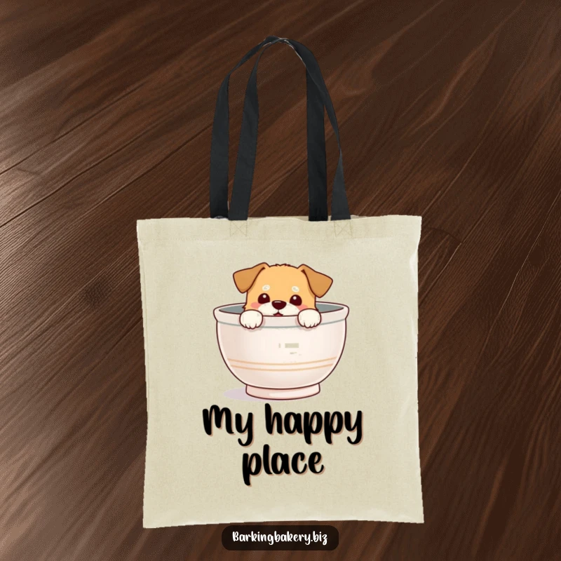 Funny Tote Bag: Dog happily peeks from a giant mixing bowl, adding a touch of baking fun to your day.