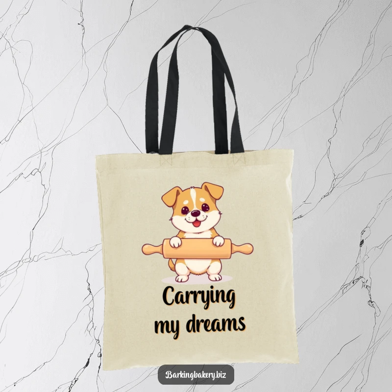 Funny tote bag featuring a dog hilariously wrestling with a rolling pin much too large for its body.