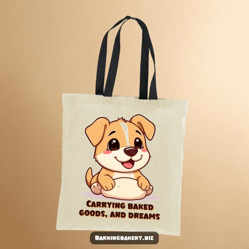 Funny Tote Bag: A dog with a floury nose enthusiastically shaping dough, perfect for carrying baking supplies or daily errands.