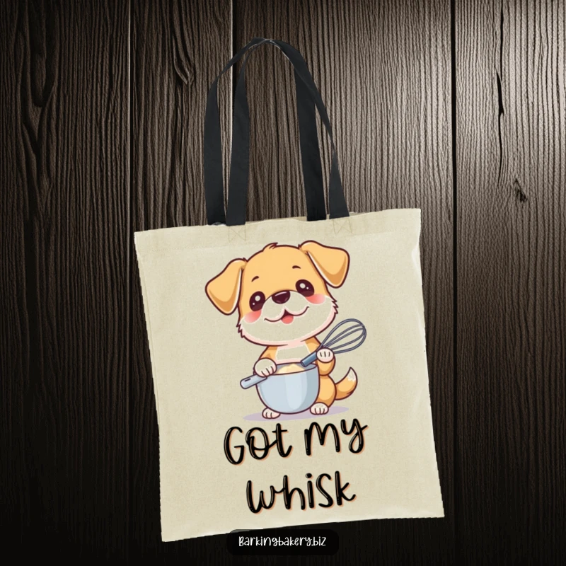 Funny tote bag depicting a dog holding a whisk, ready to mix, a perfect accessory for bakers.