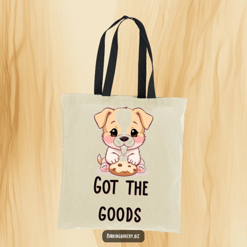 Funny Puppy Baker Tote Bag: A cute puppy with a floury nose pats a cookie, ideal for bakers on the go.