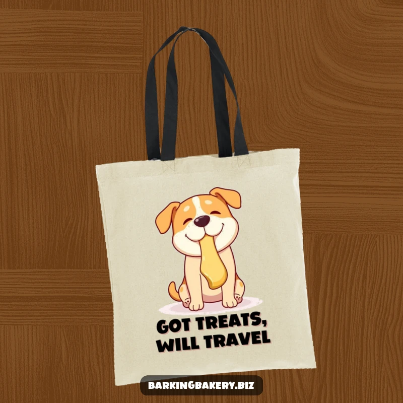 Funny dog tote bag featuring a dog playfully catching a falling pastry mid-air with its mouth, exuding happiness.