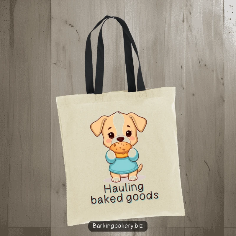 Funny Tote Bag: Dog in oven mitts proudly holds a baked treat, perfect for carrying groceries or goodies.