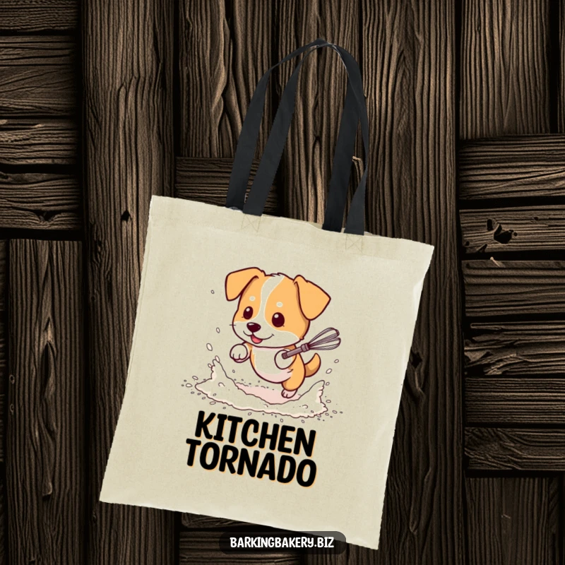 Funny dog tote bag, a dog in flour chases a dancing whisk, perfect for carrying groceries with a humorous baking theme.