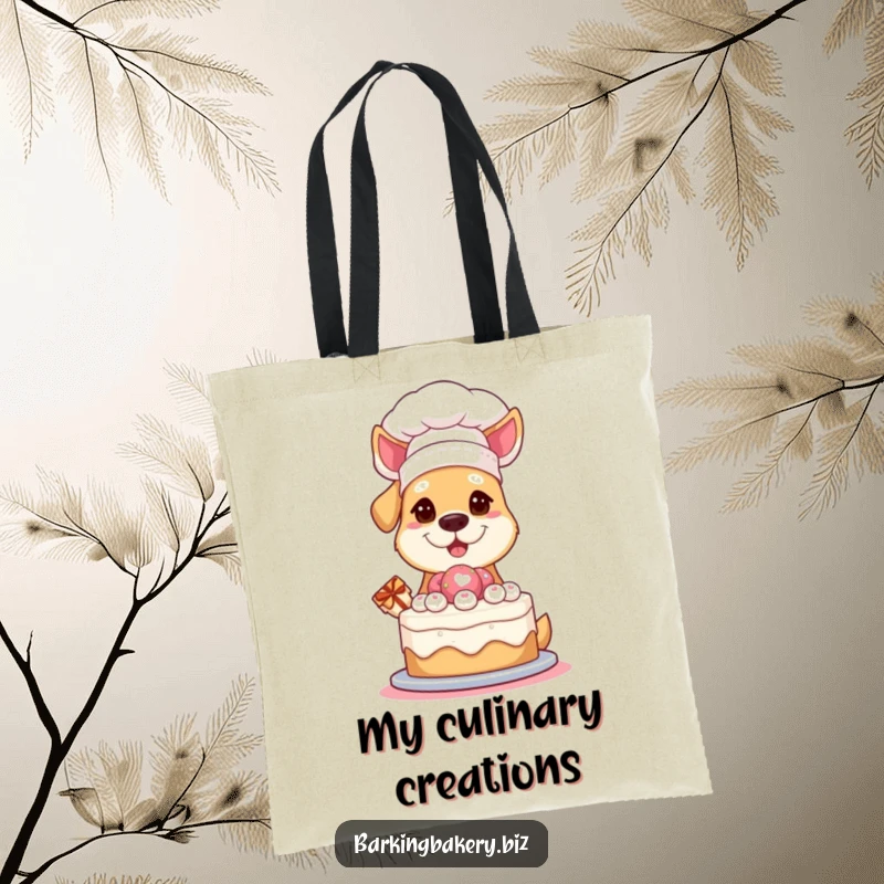 Funny Tote Bag: A dog in a chef hat proudly presents a cake, ideal for carrying groceries or baking supplies.