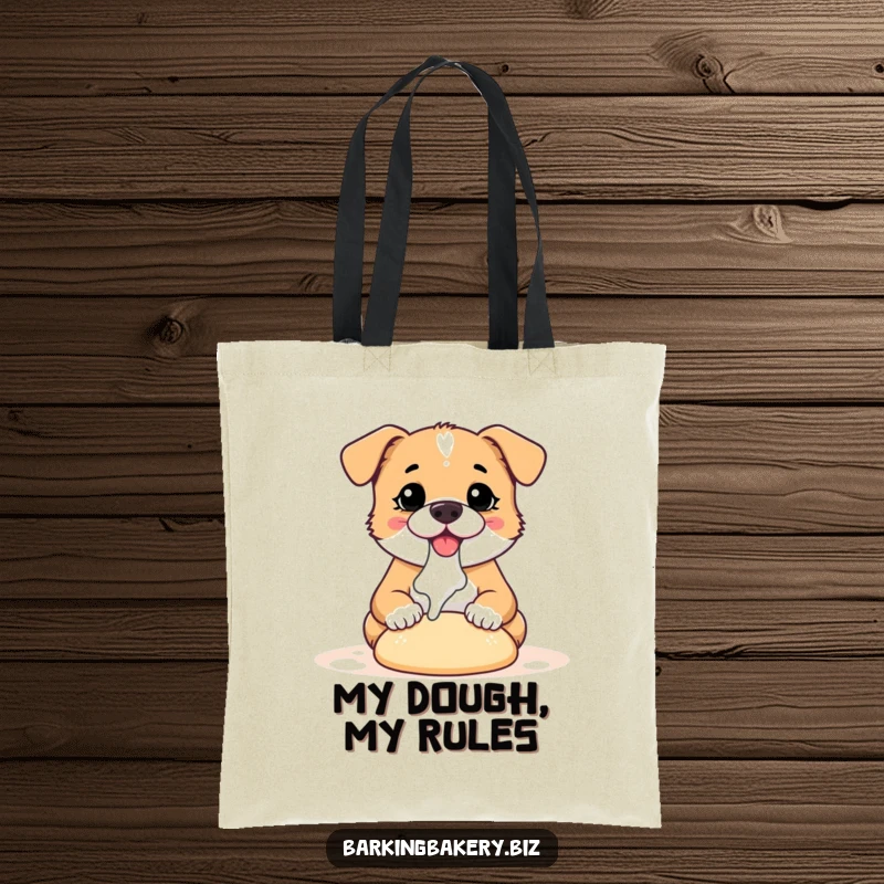Funny dog tote bag illustrated with a small, happy dog covered in flour, busy kneading dough, ready for the kitchen.