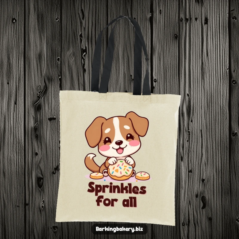 Funny tote bag featuring a dog excitedly decorating a cookie with sprinkles, tail wagging with pure happiness.